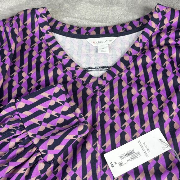 Liz Claiborne Shirt Womens 3X Bright Violet Geo V-Neck Tie Front Long Sleeve - Picture 10 of 16
